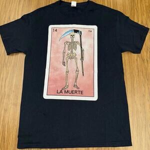 LA MUERTE SKELETON T SHIRT LOTERIA LOTTERY NUMBER 14 MEXICAN Size M  black